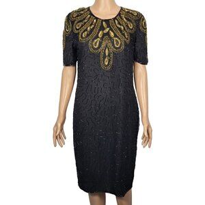 B2 & Us Mark & John Vintage Women's Silk Full Beaded Black & Gold Dress Size M